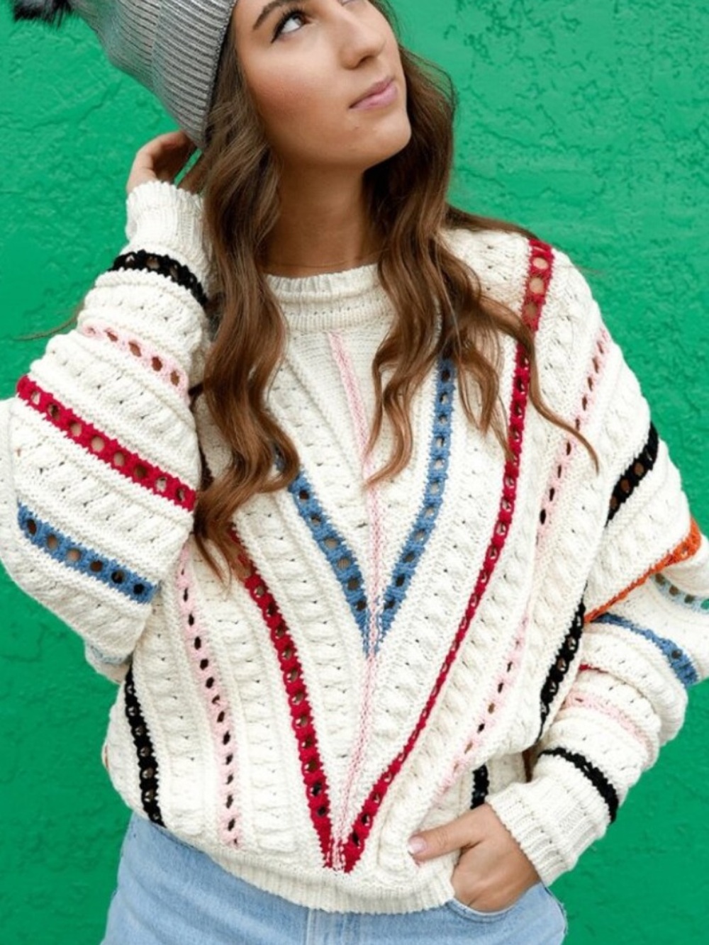 DEAR JOHN Kiera Pull Over Sweater Large Colorful Oversized in Cream Sprout Boho